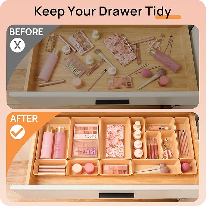 Vtopmart 25 PCS Plastic Drawer Organizers Set, 4-Size Versatile Bathroom and Vanity Drawer Organizer Trays, Storage Bins for Makeup, Bedroom, Kitchen Gadgets Utensils and Office-DeskLoop Office