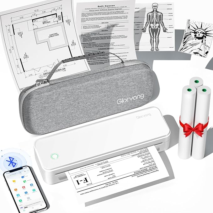 Inkless Portable Printer for Travel, Wireless Thermal Printer Supports 8.5 x 11 Inch US Letter Size, Bluetooth Machine Includes Carry Case and 3 Rolls of Thermal Paper Kit, White-DeskLoop Office