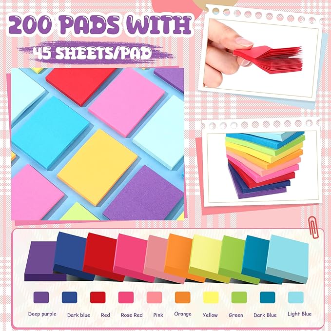 Zubebe 200 Pads Sticky Notes Bulk, Bright Colors Notepads Self Stick Note Square Memo Post Sticky for Office School, 45 Sheets/pad(1.5 × 2 Inch)-DeskLoop Office