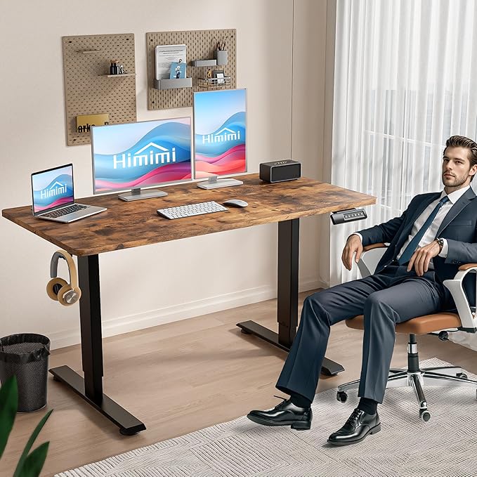 Himimi Electric Standing Desk 55 x 24 inch for Home Office,Sit-Stand Adjustable Desk with Memory Presets,Height Adjustable Desk for Gaming/Working,Free Hook, Lockable Wheels,Mouse Pad,Brown-DeskLoop Office