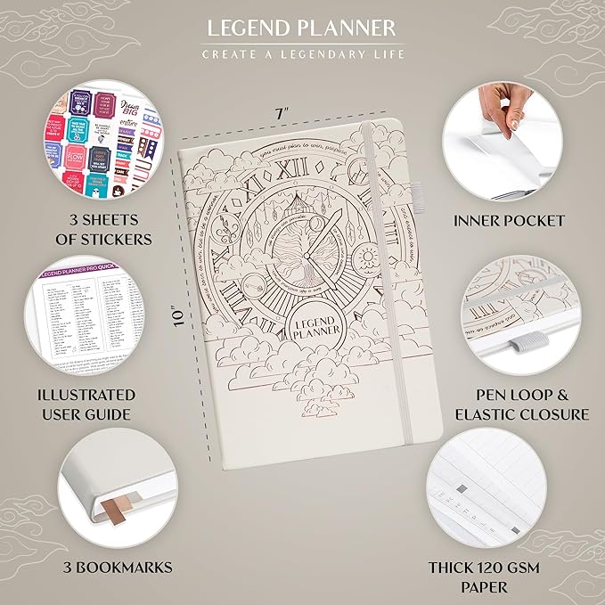 Legend Planner PRO – Deluxe Weekly & Monthly Life Planner to Increase Productivity and Hit Your Goals. Time Management Organizer Notebook – Undated – 7 x 10" Hardcover + Stickers – White-DeskLoop Office