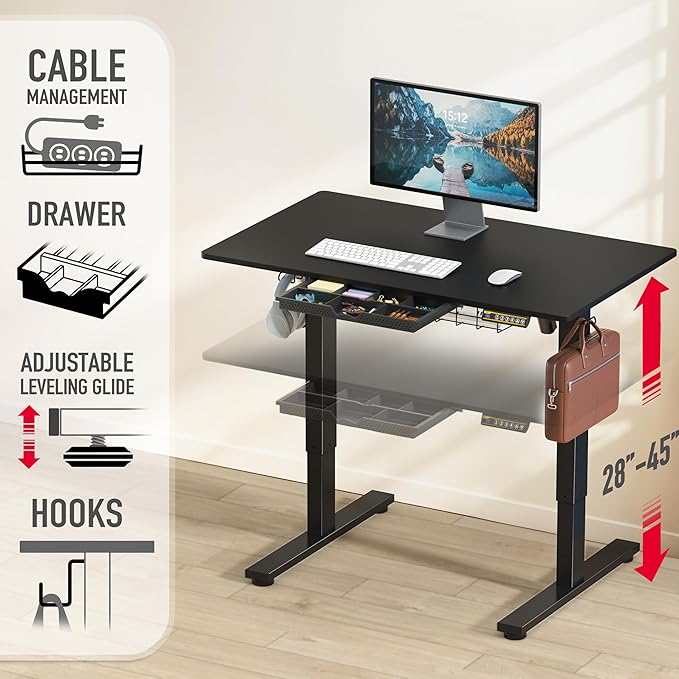 SHW 40-Inch Electric Height Adjustable Standing Desk with Drawer, Memory Preset and Cable Management Tray, Black-DeskLoop Office