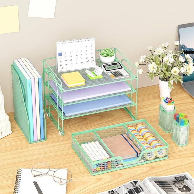 Marbrasse Desk Organizer and Accessories,4-Tier Paper Letter Tray Organizer with File Holder, Desk Accessories & Workspace Organizers with Drawer and 2 Pen Holder (Green, 15.4" x 9.1" x 8.3")-DeskLoop Office