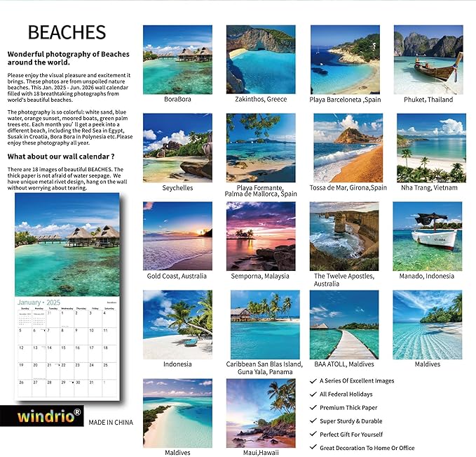 2025 Wall Calendar,Calendar 2026, July 2025 - June 2026, Wall Calendar BEACHES, 12" x 24" Opened,Full Page Months Thick & Sturdy Paper for Calendar Organizing & Planning-DeskLoop Office