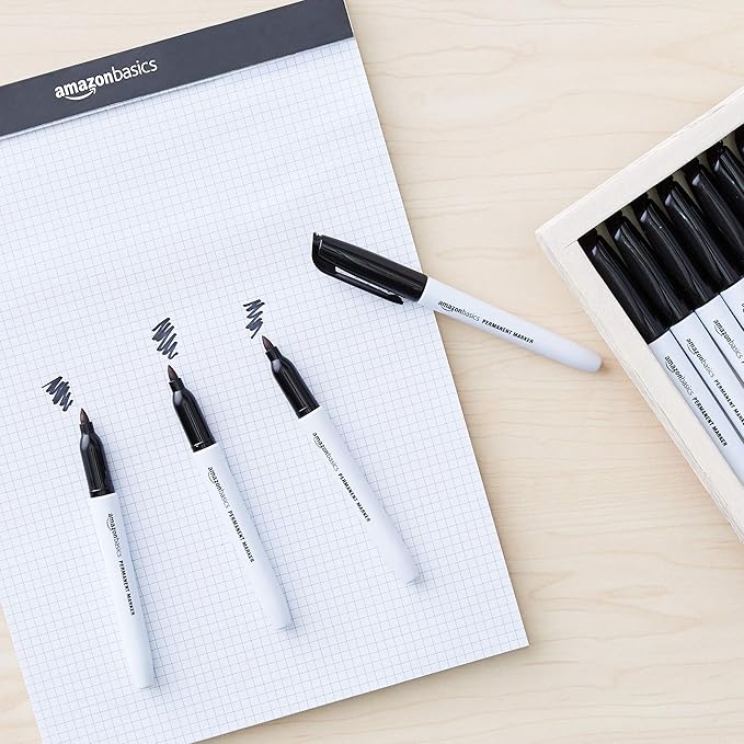 Amazon Basics Fine Tip Point Permanent Markers for Office, School, and Home Use, Black, 12 Pack