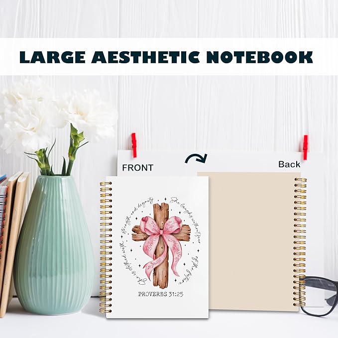 BearCake Proverbs 31 Woman Christian Notebook Journal, Preppy Christian Gifts for Women, Pink Coquette Bow Prayer Journal for Women, Bible Journaling Hardcover Spiral Notebook 5.5x8.3-DeskLoop Office