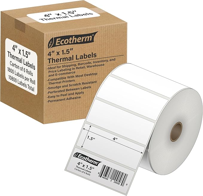 4" x 1.5" Thermal Labels | 6 Rolls | 10800 Labels | fits Zebra, Munbyn, Rollo, Godex, Arkscan, iDPRT, Offnova Thermal Label Printers and More | Blank White Adhesive Stickers by Ecotherm-DeskLoop Office
