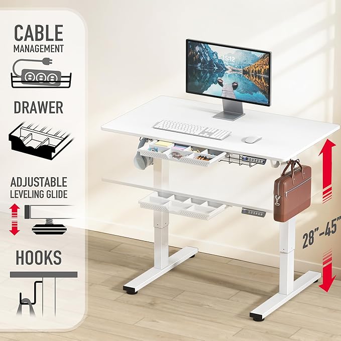 SHW 40-Inch Electric Height Adjustable Standing Desk with Drawer, Memory Preset and Cable Management Tray, White-DeskLoop Office
