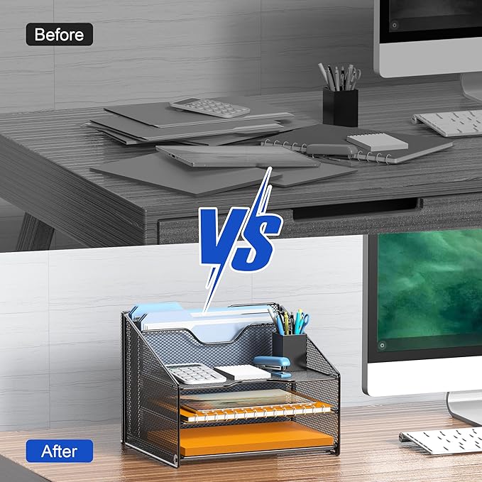 Samstar 2 Pack Mesh Desk File Organizer Letter Tray Holder, Desktop File Folder Holder with 3 Paper Trays and 2 Vertical Upright Section, Black-DeskLoop Office