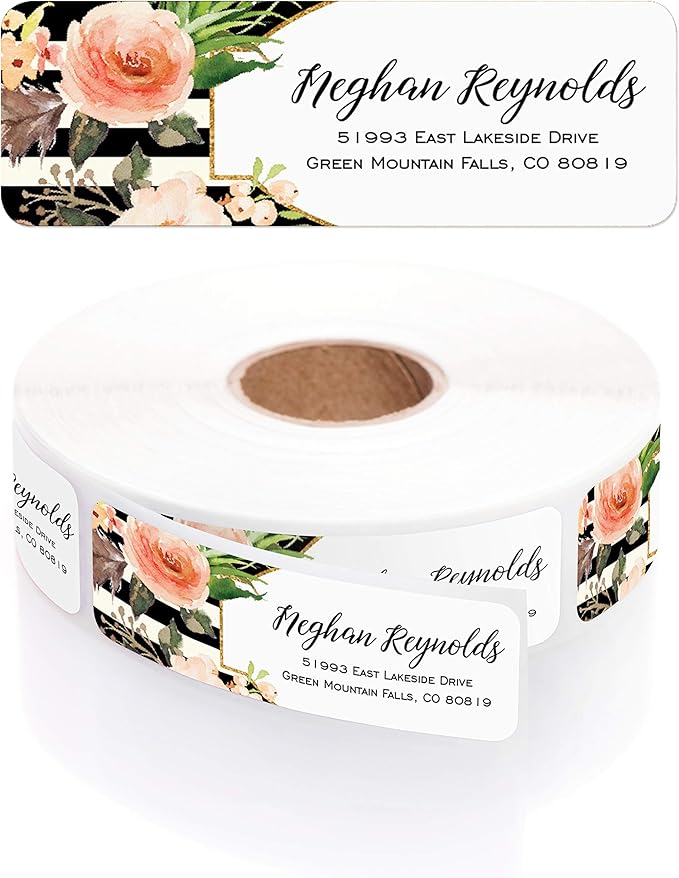 Black and White Stripe Floral Rolled Address Labels/Roll of 500 Personalized Return Address Labels/Designer Return Address Stickers in Elegant Plastic Dispenser-DeskLoop Office