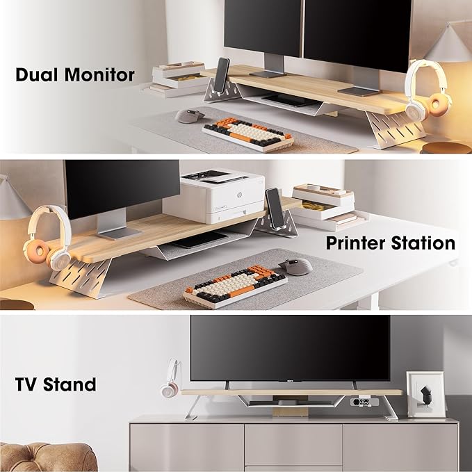 Fenge Dual Monitor Stand, 42.5 Inch Monitor Riser for Desk, Wood Desk Shelf for 2 Monitors, 2 Tier Monitor Shelf with Headphone Stand & Phone Holder-DeskLoop Office