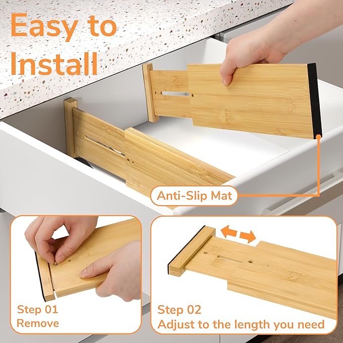 BAMEOS 4 PCS Bamboo Drawer Divider Adjustable Drawer Dividers Kitchen Drawer Organization Utensil Organizers for Kitchen Dresser Bathroom Bedroom and Office-DeskLoop Office