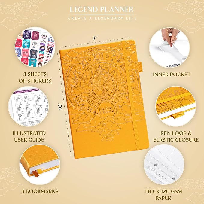 Legend Planner PRO – Deluxe Weekly & Monthly Life Planner to Increase Productivity and Hit Your Goals. Time Management Organizer Notebook – Undated – 7 x 10" Hardcover + Stickers – Amber Yellow-DeskLoop Office