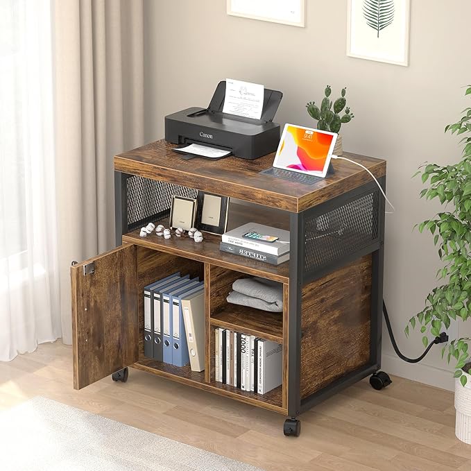 Unikito Lateral File Cabinet, Locking Office Filing Cabinets with Socket and USB Charging Port, Modern Rolling Printer Stand with Storage for A4, Letter Size and File Folders, Rustic Brown-DeskLoop Office