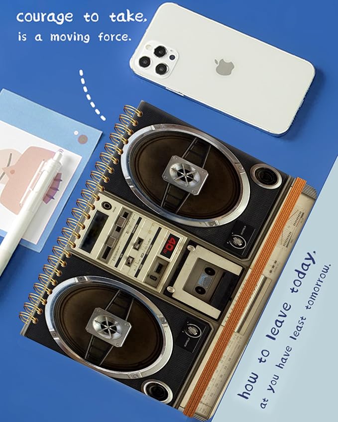 Ruled Spiral Writing Notebook,A5 Hardcover Lined College Journal for Women Lady,Fashion Puppy Watercolor Strong Twin-Wire Binding with Premium Paper,8.4" X 6",Perfect for School,Office,Home Gifts(Tape Recorder Vintage)-DeskLoop Office