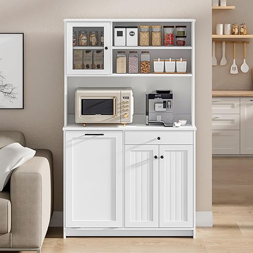 OLD CAPTAIN Tilt Out Trash Cabinet with Deodorising Function, Kitchen Hutch with Microwave Shelf and Drawer, Kitchen Pantry with Trash Cabinet for 10 Gallons, White-DeskLoop Office