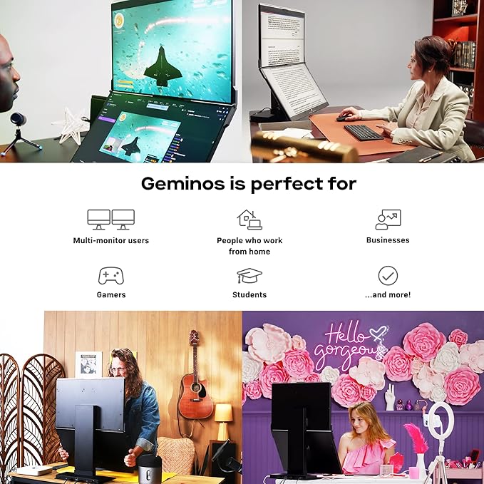 Mobile Pixels Geminos (2 x 24 inch) IPS Dual Stacked Computer Monitors with 65W USB-C Charging, 1080P Webcam&Speakers, All-Inclusive Workstation PC Monitor, USB-A/USB-C/HDMI, Ergo Design(2 Monitors)-DeskLoop Office