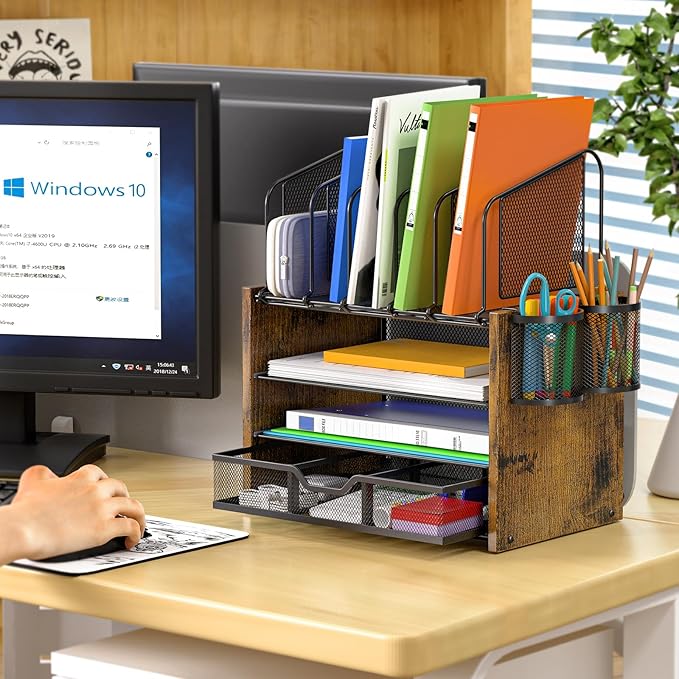 4-Tier Mesh Desk Organizer, Wooden Desk File Organizer with 5 Vertical File Holders and 2 Pen Holders, Desktop Organizers and Accessories with Drawer for Home Office-DeskLoop Office
