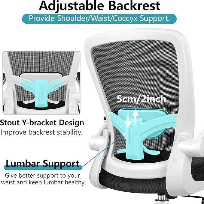FelixKing Office Chair, Ergonomic Desk Chair Breathable Mesh Chairs with Adjustable High Back Lumbar Support Flip-up Armrests, Executive Swivel Comfy Task Computer Chairs for Home Office White-DeskLoop Office