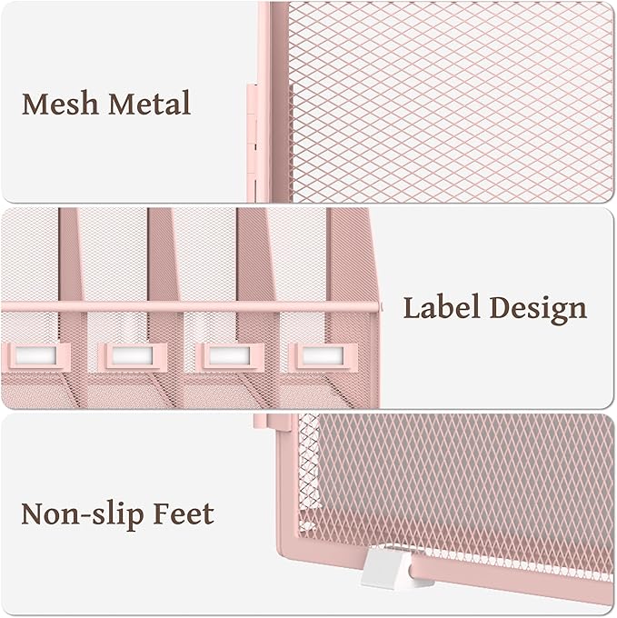 SUPEASY Desk Organizers Metal Desk Magazine File Holder with 5 Vertical Compartments Rack File Organizer for Office Desktop, Home Workspace, Pink-DeskLoop Office