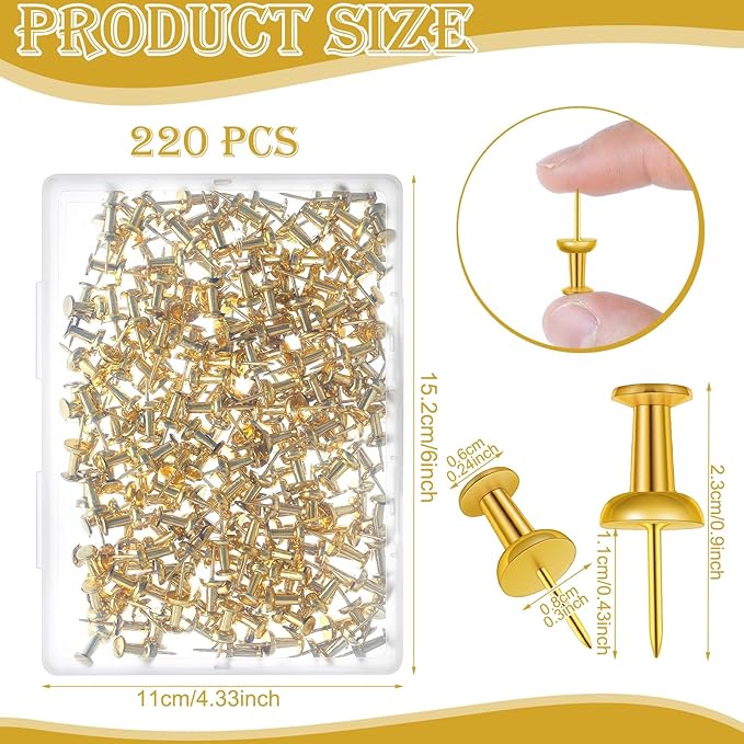 220 Count Gold Push Pins, Standard Plastic Head Steel Point Gold Thumb Tacks Decorative Push Pins for Cork Board Wall Hanging-DeskLoop Office