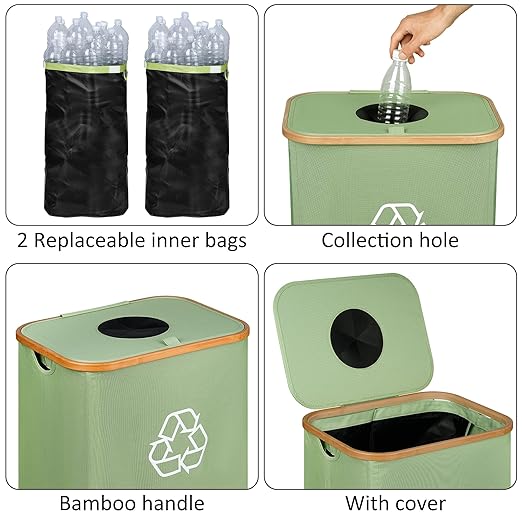 29 Gallons Recycling Bins for Kitchen, Indoor Recycle Bins with Lid, 110L Large Recycle bin with 2 Removeable Reusable Inner Bags, for Bottles Cans Glass Plastice Cartons(Green)-DeskLoop Office