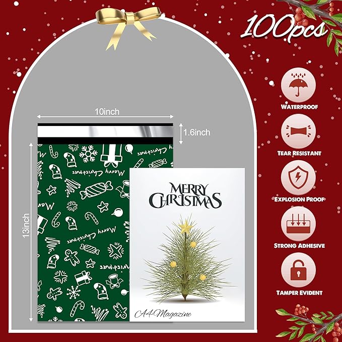 Christmas Poly Mailer 10x13 Inch 100 Pcs, Waterproof Shipping Bags for Clothing, Tear-Resistant Mailier Bags, Strong Mailing Bags with Self-Seal - Green Merry Christmas-DeskLoop Office