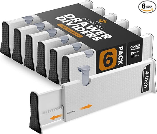 RAPTUROUS Adjustable Drawer Dividers 6 Pack, 4” High, 11-17” Long, Dresser Drawer Organizer for Bedroom, Closet, Kitchen, Nursery, Office, Strong Hold, Soft Foam Edges, White-DeskLoop Office
