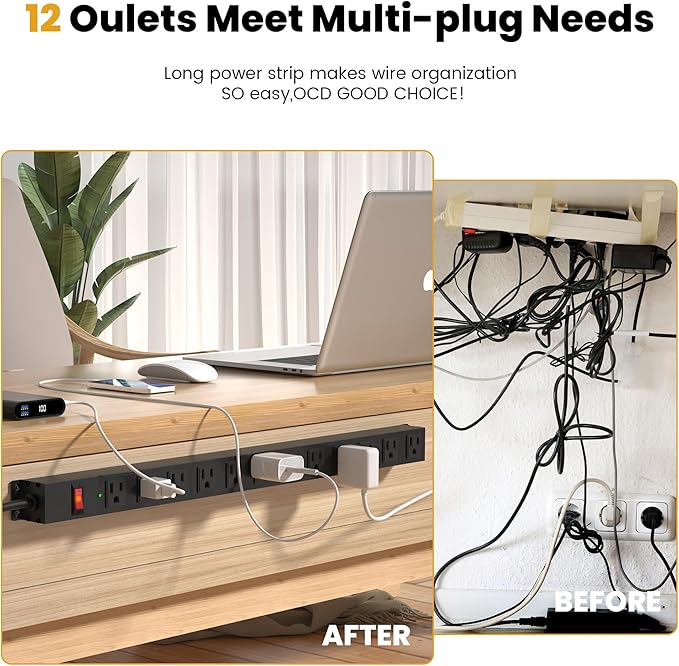 12 Outlet Long Power Strip Surge Protector with 2100 Joules, 3FT Power Cord, Wide Spaced Outlet Power Bar, Overload Protection Switch, Industrial Heavy Duty for Work Bench, Shop, Garage (Black),2 Pack-DeskLoop Office