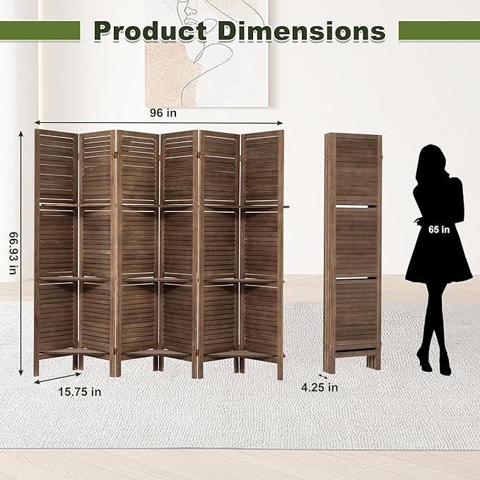 NicBex 6 Panel Room Divider,5.6FT Wood Carved Room Dividers with Display Shelves Folding Privacy Screens Portable Freestanding Partition Wall Dividers for Room Separation, Bedroom Office,Dark Brown-DeskLoop Office