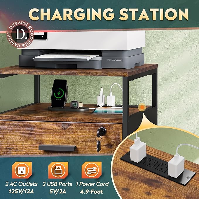 DEVAISE 2 Drawer File Cabinet with Lock and Charging Station, Wood Filing Cabinet fits A4 or Letter Size, Mobile Printer Stand with Open Storage Shelf for Home Office, Rustic Brown-DeskLoop Office