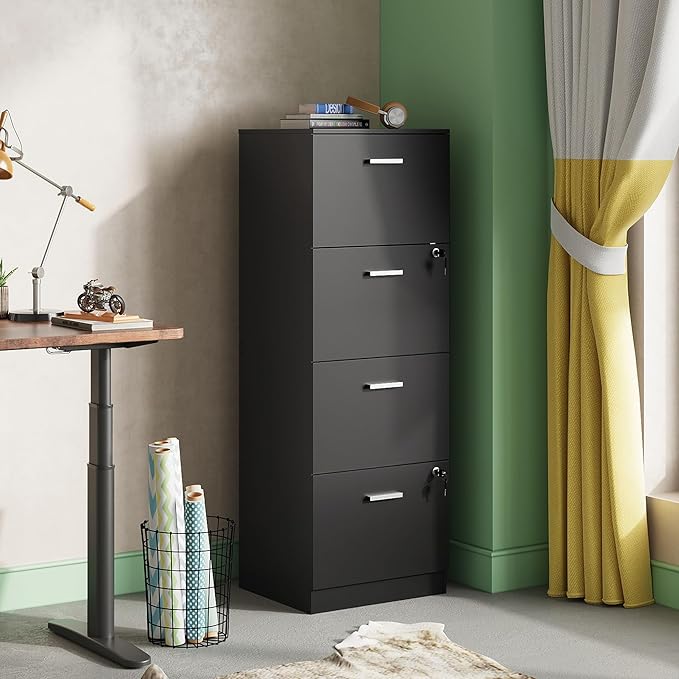 DEVAISE 4 Drawer File Cabinet with Lock, Vertical Filing Cabinet for A4/Letter Size Files, Wood Storage Organizer for Home Office, Black-DeskLoop Office