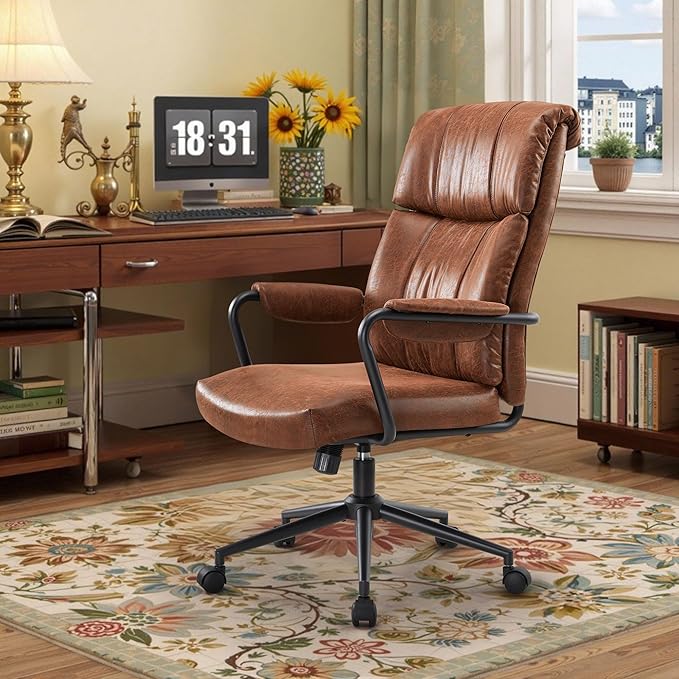 Mid Century Office Chair, Ergonomic Modern Breathable Fabric Home Desk Chair with Lumbar Support, Adjustable Height Swivel Computer Chair for Home Office (Brown)-DeskLoop Office