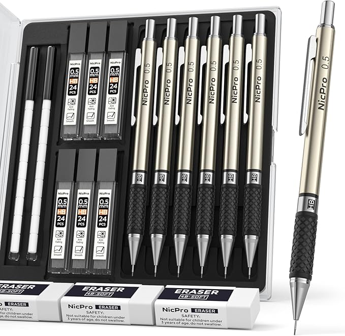 Nicpro 0.5 mm Art Mechanical Pencils Set in Gift Case, 6 PCS Metal Drafting Pencil 0.5mm with 6 Tube HB Lead Refills & 18 PCS Eraser Refills for Adults, Children, Artist Writing, Drawing, Sketching-DeskLoop Office
