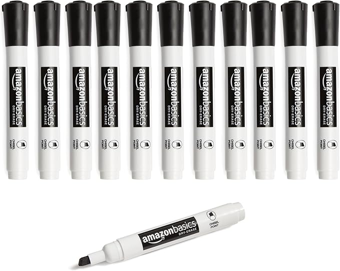 Amazon Basics 12-Pack Low-Odor Chisel Tip Dry Erase Whiteboard Markers, Black-DeskLoop Office