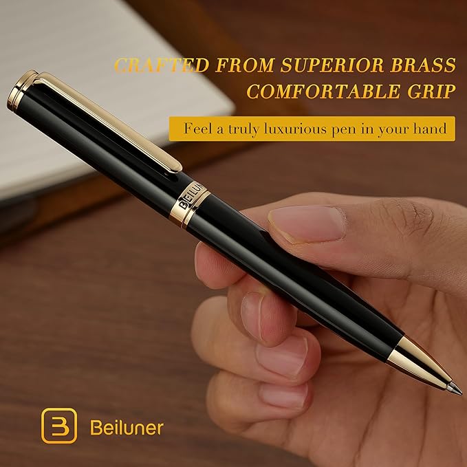 BEILUNER Luxury Gel Pen with 24K Gold Finish, Black Piano Lacquer, Luxury Grade Craftsmanship, Best Pen Gift Set for Men and Women, Professional, Executive, Office, Retractable Nice Pens-DeskLoop Office