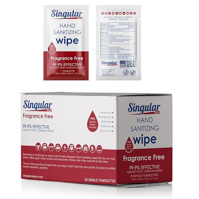 Hand Sanitizing Wipes Travel Size by Singular Wipes –30ct Individually Wrapped | Fragrance-Free, Moisturizing, 70% Isopropyl Alcohol Wipes | Travel, Home, Office, Daily Use | Made in USA-DeskLoop Office