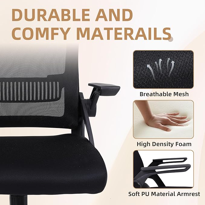 Office Chair, Ergonomic Desk Chair with Lumbar Support, Breathable Mesh Chair with Flip-up Armrests and Mid Back, Comfy Task Computer Height Adjustable Swivel Chair (2, Black)-DeskLoop Office