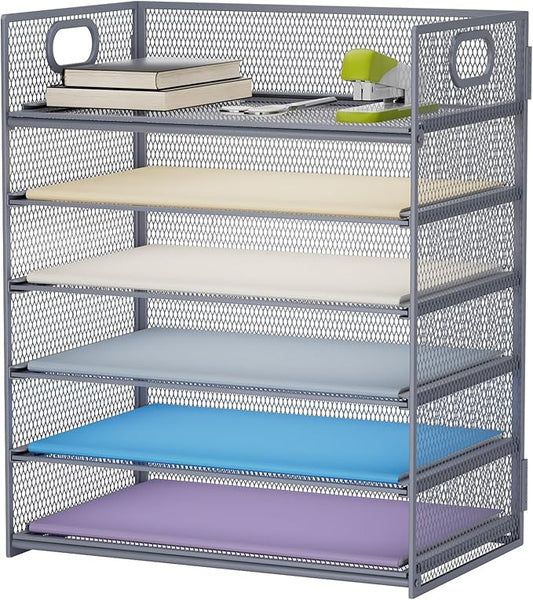 Marbrasse 6 Tier Paper Organizer Letter Tray - Mesh Desk File Organizer with Handle, Paper Sorter for Letter/A4 Office File Folder Holder - Grey-DeskLoop Office