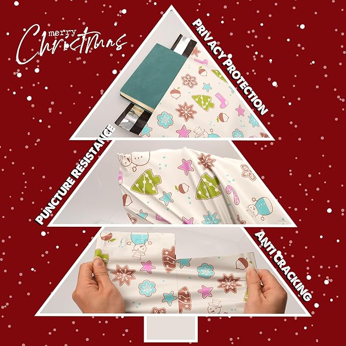Christmas Poly Mailer 10x13 Inch 100 Pcs, Waterproof Shipping Bags for Clothing, Tear-Resistant Mailier Bags, Strong Mailing Bags with Self-Seal - Christmas Elements Printed-DeskLoop Office