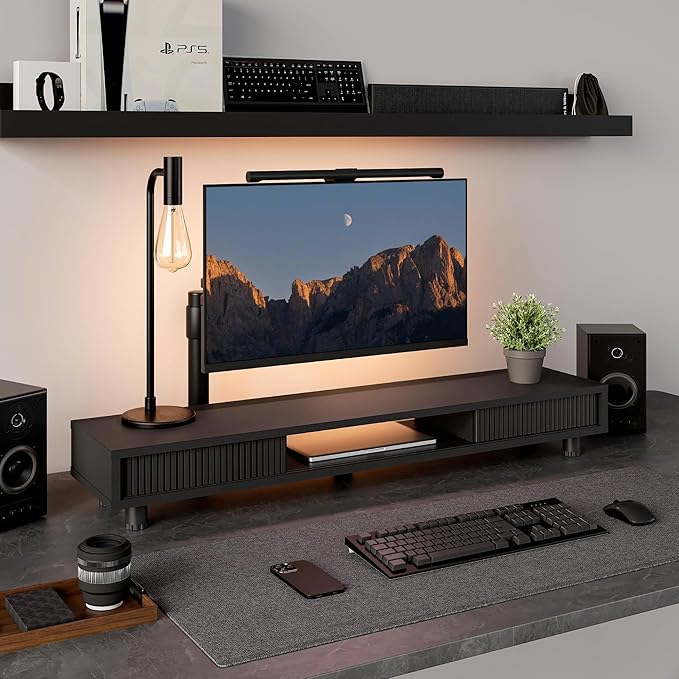 Fenge Dual Monitor Stand, 42.5inch Long Monitor Stands Riser for 2 Monitors, Sliding Door with Storage Organizer Stand for Desk, 2 Tier Desk Shelf for Laptop, Pc, Printer, Computer, TV-DeskLoop Office