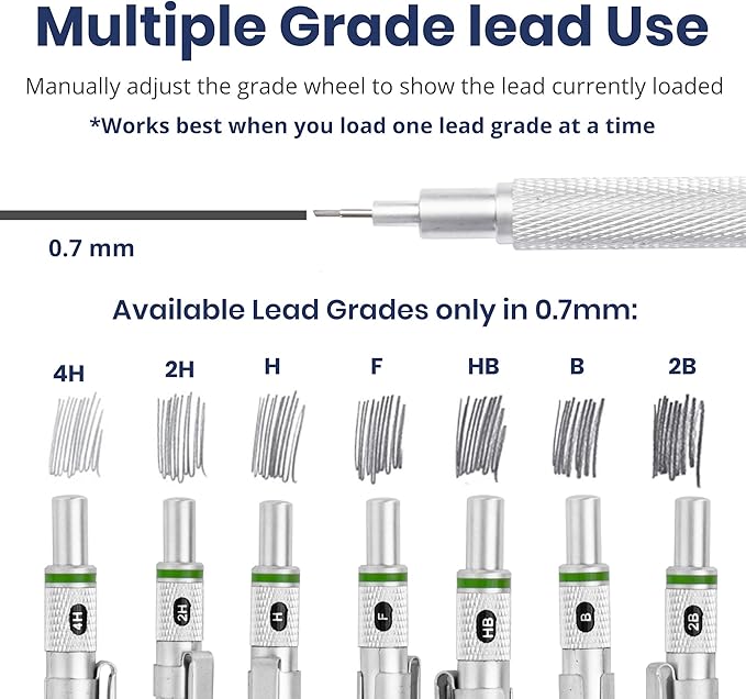 Pacific Arc Chromagraph Metal Mechanical Pencil .7 mm Silver Barrel Mechanical Pencil with Built In Lead Pencil Grade Indicator, Lead Pencil Holder for Drafting, Sketching, and Drawing-DeskLoop Office