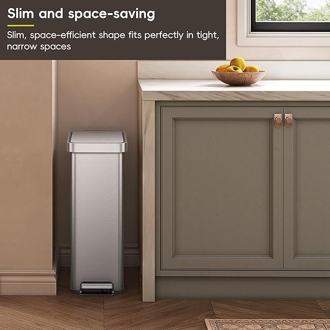 EKO Hudson Slim 50L / 13.2 Gallon Kitchen Trash Can with Lid, Stainless Steel Step Garbage Can for Kitchen or Home, Space-Saving Garbage Can with Soft Close Lid, Stay-Open, Liner Ring, Handle-DeskLoop Office