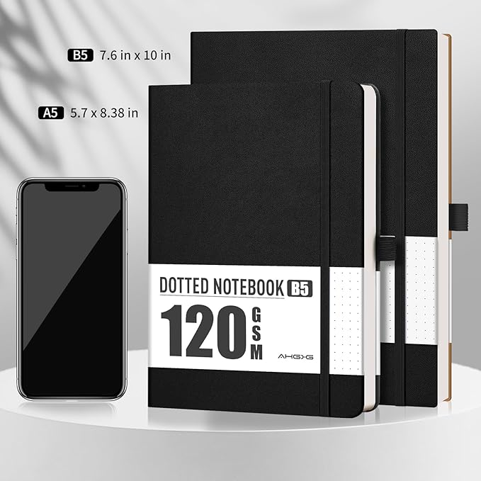 AHGXG Bullet Dotted Journal - Dot Grid Notebook Journal, 120 GSM Thick Acid-Free Paper, Large B5 Dotted Notebook 96 Pages, Leather Softcover, Inner Pocket, Journal Stencil, 7.6'' X 10'' - Black-DeskLoop Office