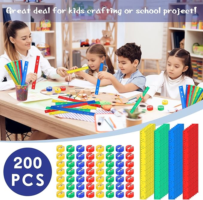 100 Pcs Plastic Rulers and 100 Pcs Mini Round Manual Pencil Sharpener Bulk, 4 Assorted Colors Pocket Sized Pencil Sharpeners Colorful Straight Ruler Back to School Supplies for Kids (Fresh,12 Inch)-DeskLoop Office