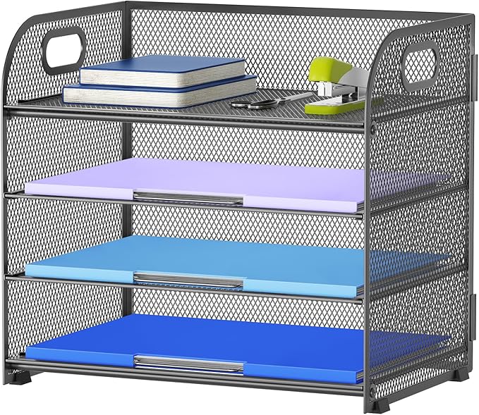 Marbrasse 4 Tier Paper Organizer Letter Tray - Mesh Desk File Organizer with Handle, Paper Sorter Organizer for Letter Office File Folder Holder (Grey, 12.6" x 9.1" x 10.7")-DeskLoop Office