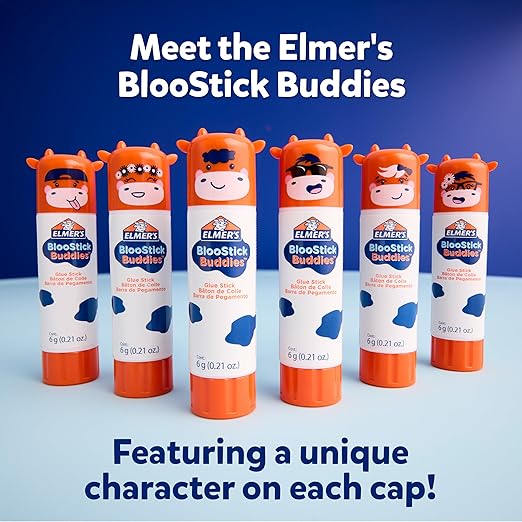 Elmer's BlooStick Buddies Glue Sticks, Disappearing Blue Glue Stick, Anti-Roll Cap, 6g, 48 Count-DeskLoop Office