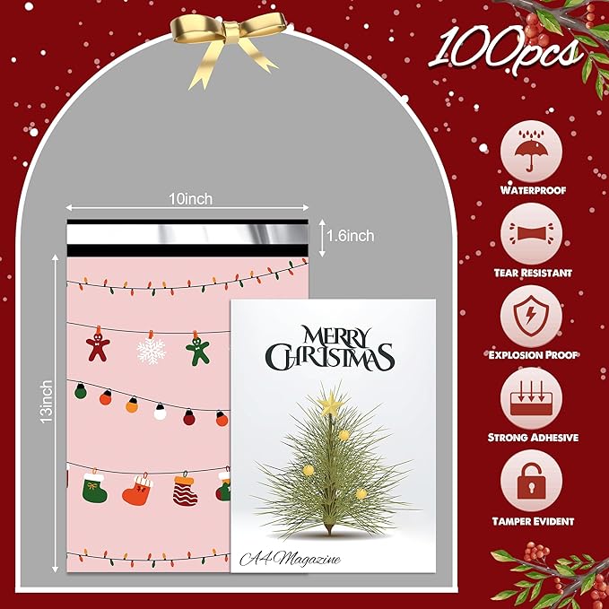 Christmas Poly Mailer 10x13 Inch 100 Pcs, Waterproof Shipping Bags with Self-Seal - Tear-Resistant, Christmas Lights Printed-DeskLoop Office