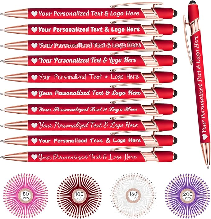STREADVE Personalized Custom Pens 10 Engraved Writing Pen with Name Logo, Customized Promotional Items Stylus Pen Gifts for Women Realtor Reunion Wedding Business, Red-DeskLoop Office