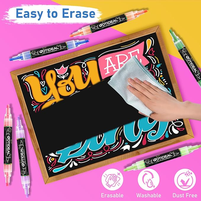 GOTIDEAL Chalk Markers Dual Tips,Erasable Liquid Chalk Marker for Blackboard,Washable Chalk Pens for Auto,Car,Glass,Mirror,Chalkboard,Window markers,24 Colors Chalk Board Markers with Metallic Colors-DeskLoop Office